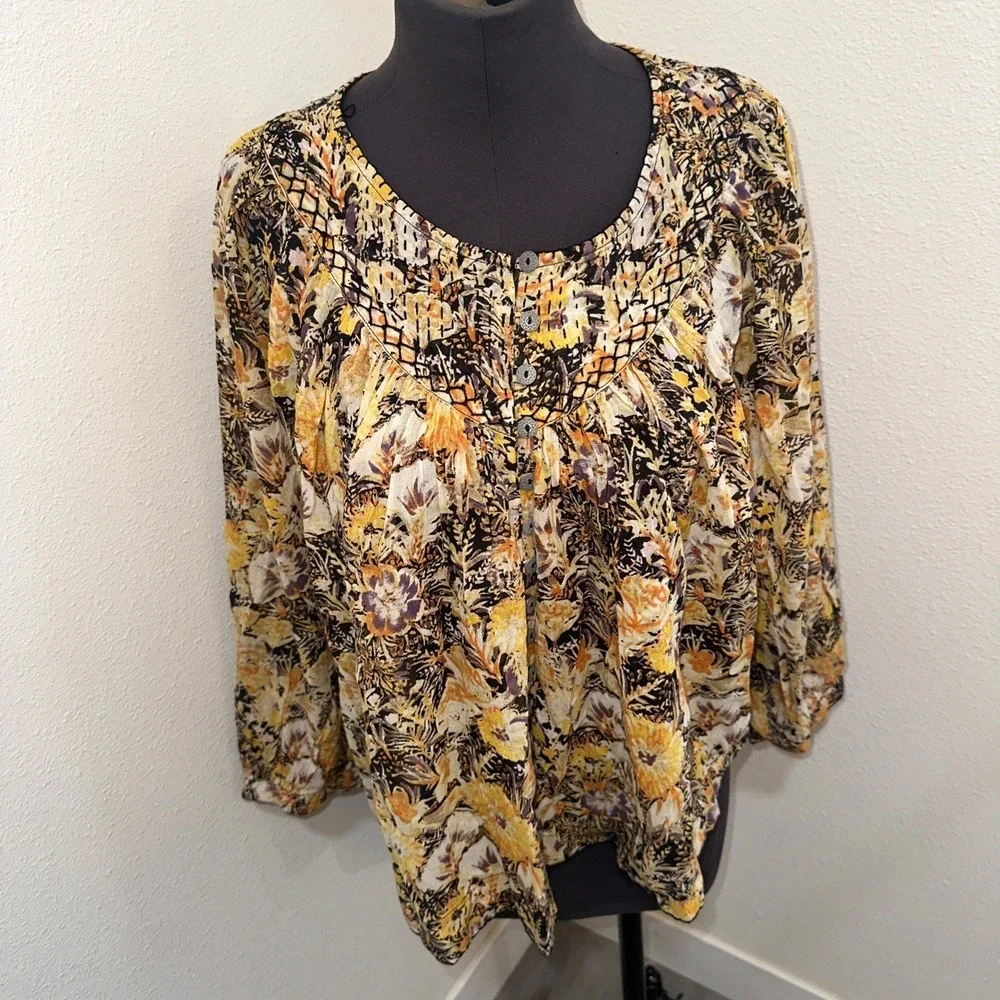 Free‎ People NWT Cool Meadow Top Buttondown Print Ruched Scoop Neck Blouse XS